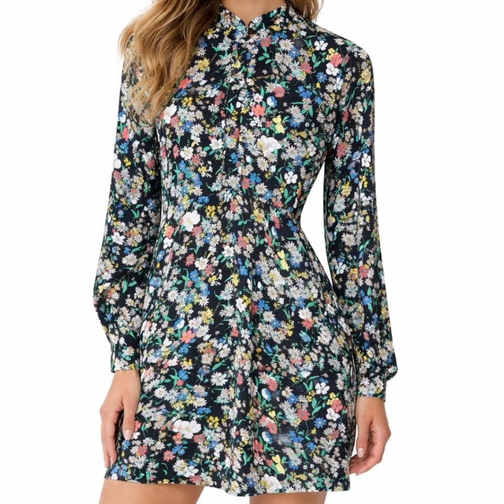 Topshop Women Black Floral Long Sleeve Mandarin Collar Mini Dress Size US 6